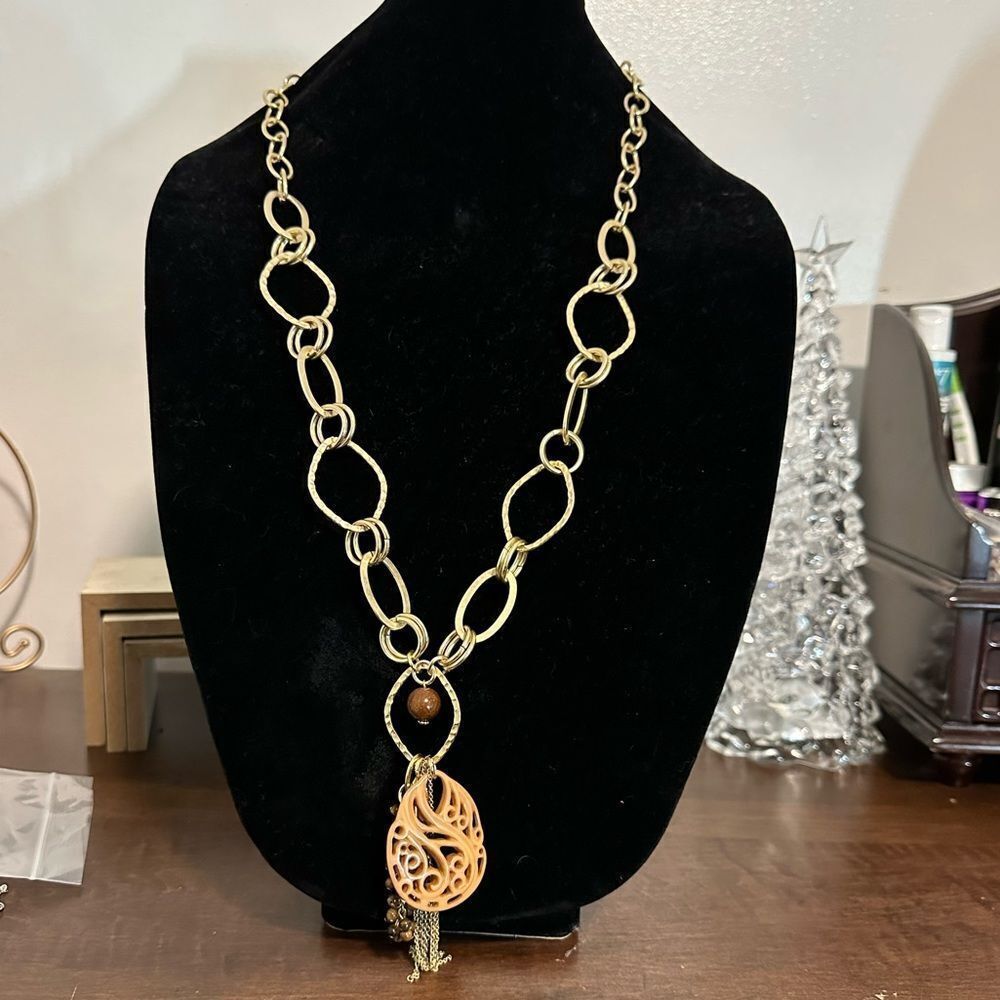 Chico's Gold Tone Long Circle Oval Chain Link Statement Necklace Y Chain